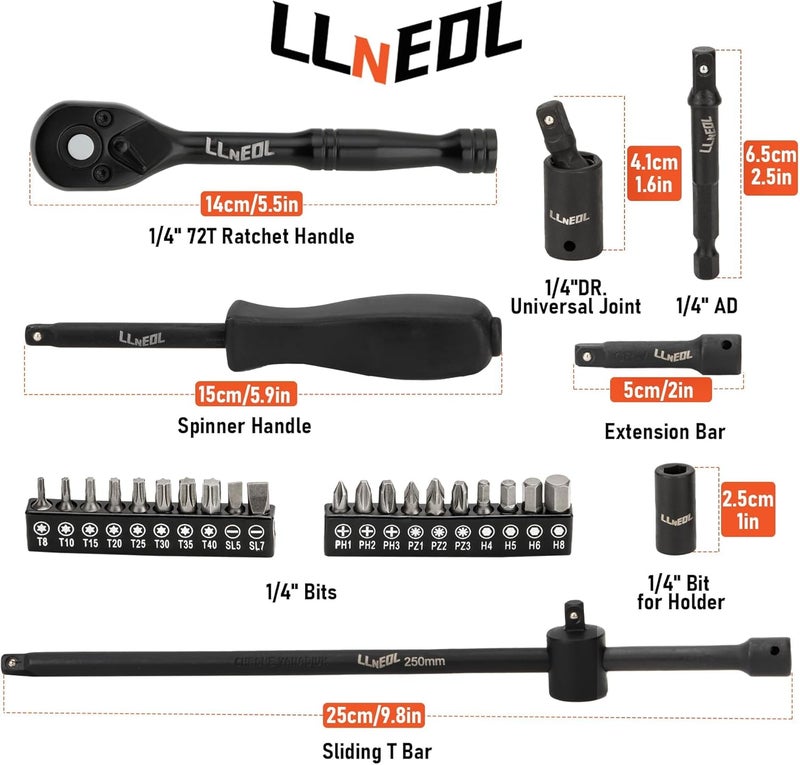 LLNEDL 1/4 Inch Drive Impact Socket Set, 83Pcs Socket Wrench Set Metric & SAE from 4-15mm, 5/32-9/16", 6 Point CR-V Deep & Shallow Sockets Kit with 72T Ratchet Handle, E Torx, for Automotive & Home - Image 3